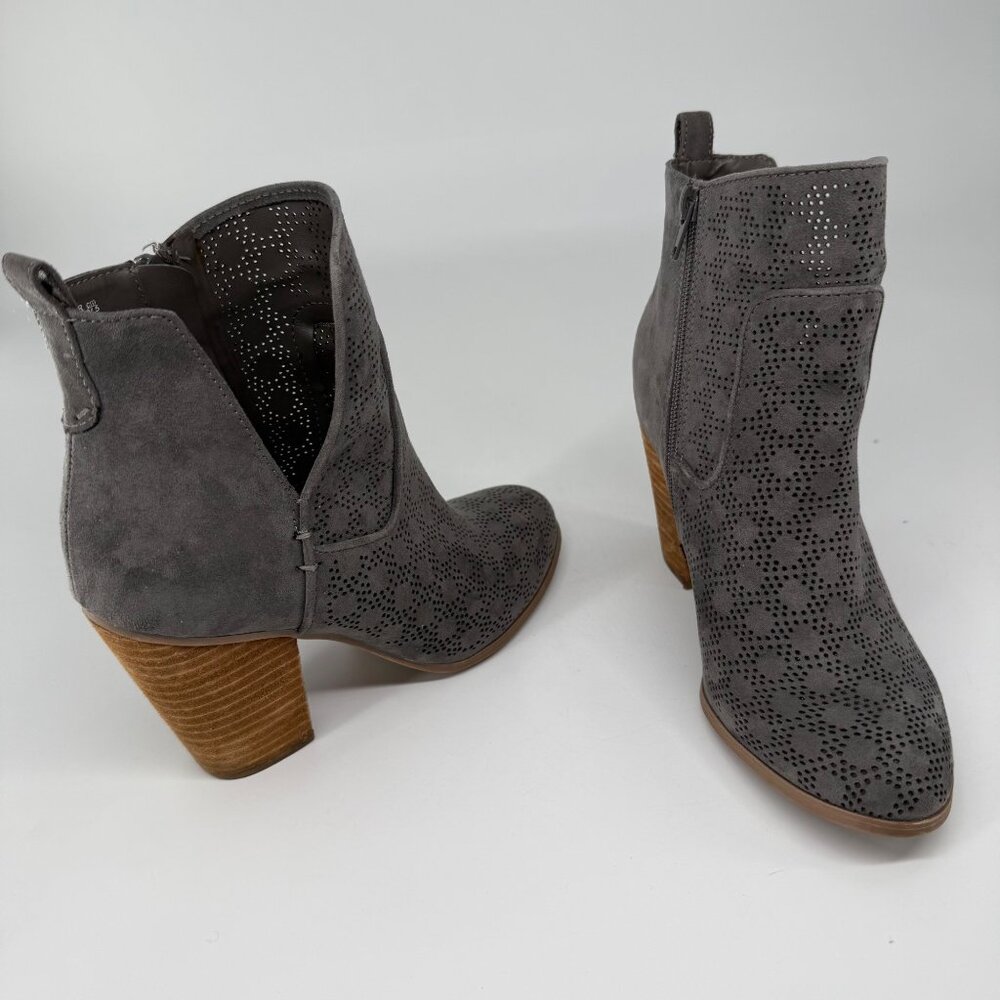 Carlos by Carlos Santana Gray Perforated Suede Ankle Booties With Stacked Heel &